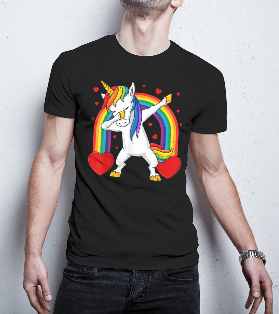 Dabbing Unicorn With Rainbow And Hearts T-Shirt