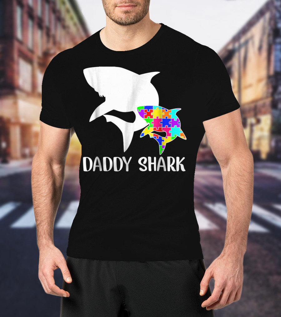 Daddy Shark Autism Awareness Puzzle Colorful T-Shirt