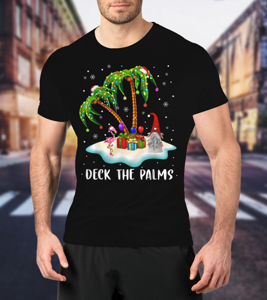 Deck The Palms Tropical Christmas Palm Tree With Santa Hat Flamingo And Gnome On Snowy Island T-Shirt