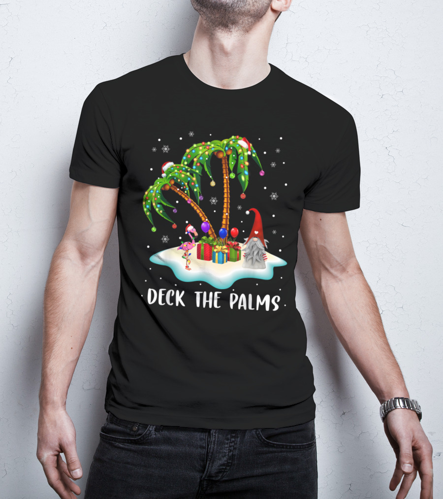 Deck The Palms Tropical Christmas Palm Tree With Santa Hat Flamingo And Gnome On Snowy Island T-Shirt