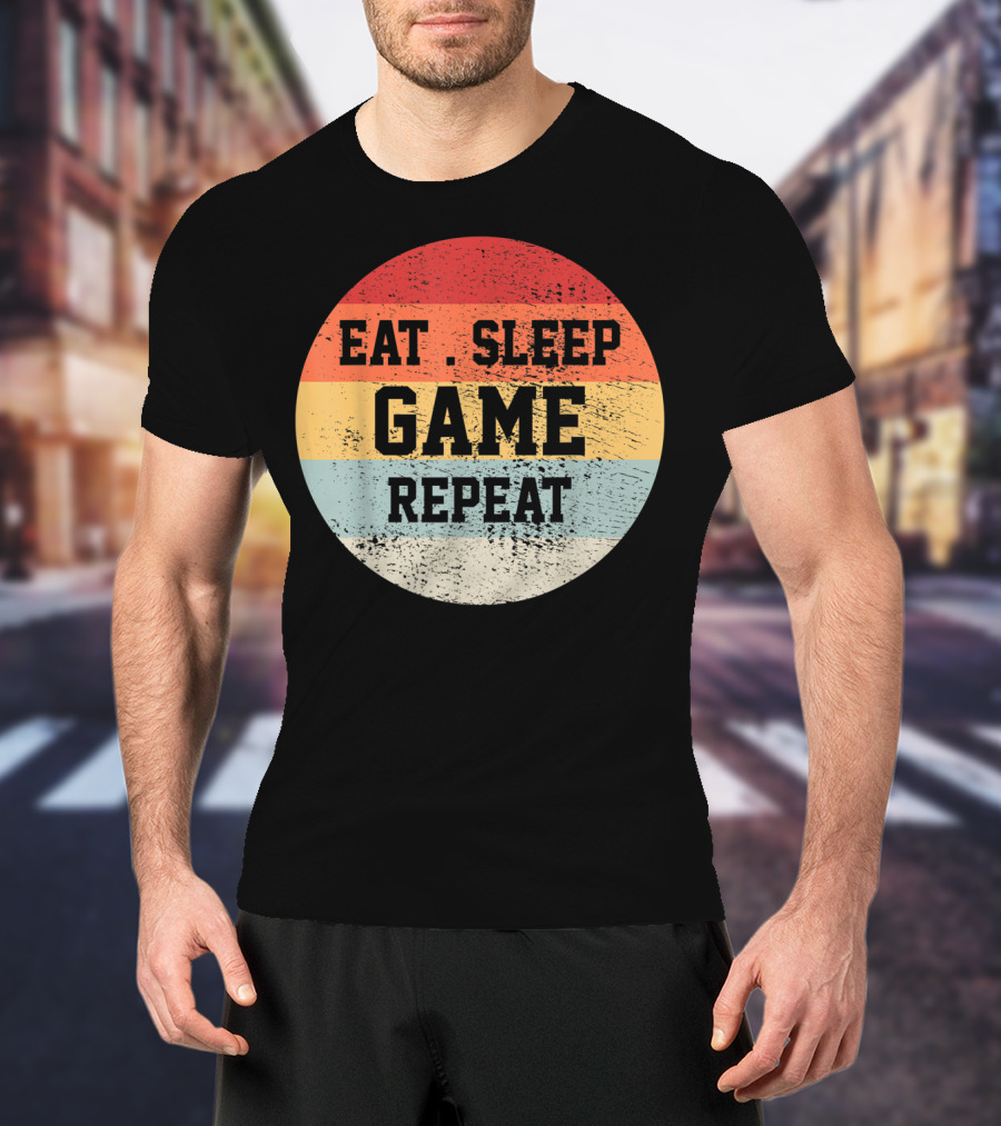 Eat Sleep Game Repeat Vintage Retro Stripes T-Shirt