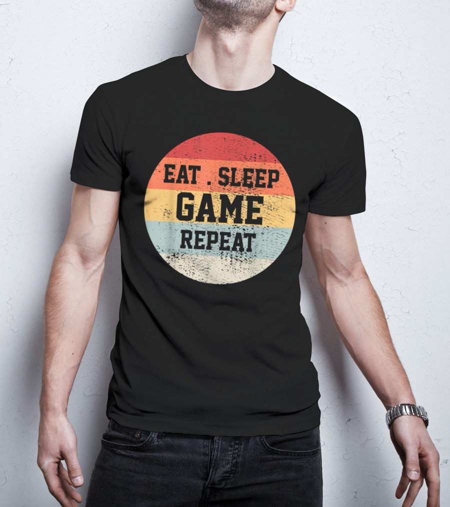 Eat Sleep Game Repeat Vintage Retro Stripes T-Shirt
