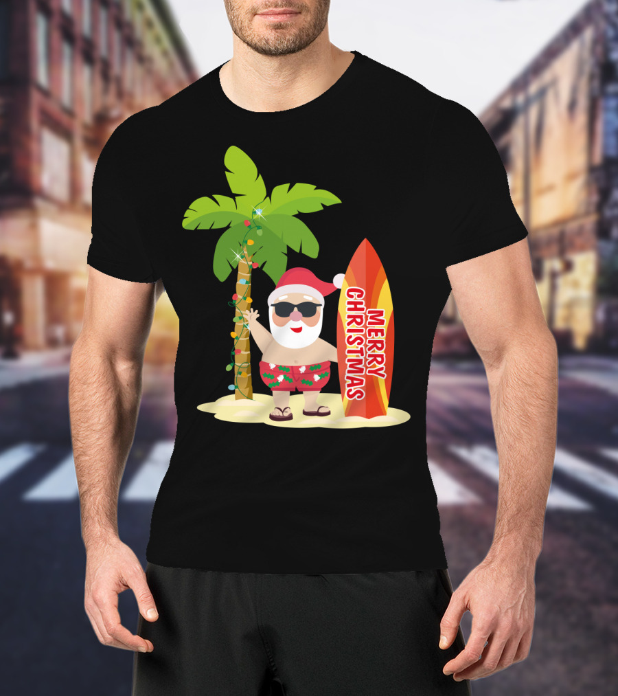 Merry Christmas Hawaiian Funny Ugly Cute Surfing Santa Holiday T-Shirt