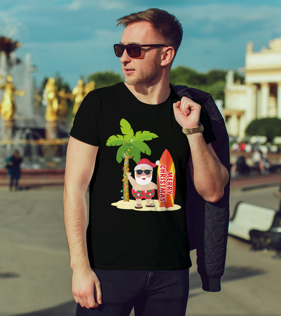 Merry Christmas Hawaiian Funny Ugly Cute Surfing Santa Holiday T-Shirt