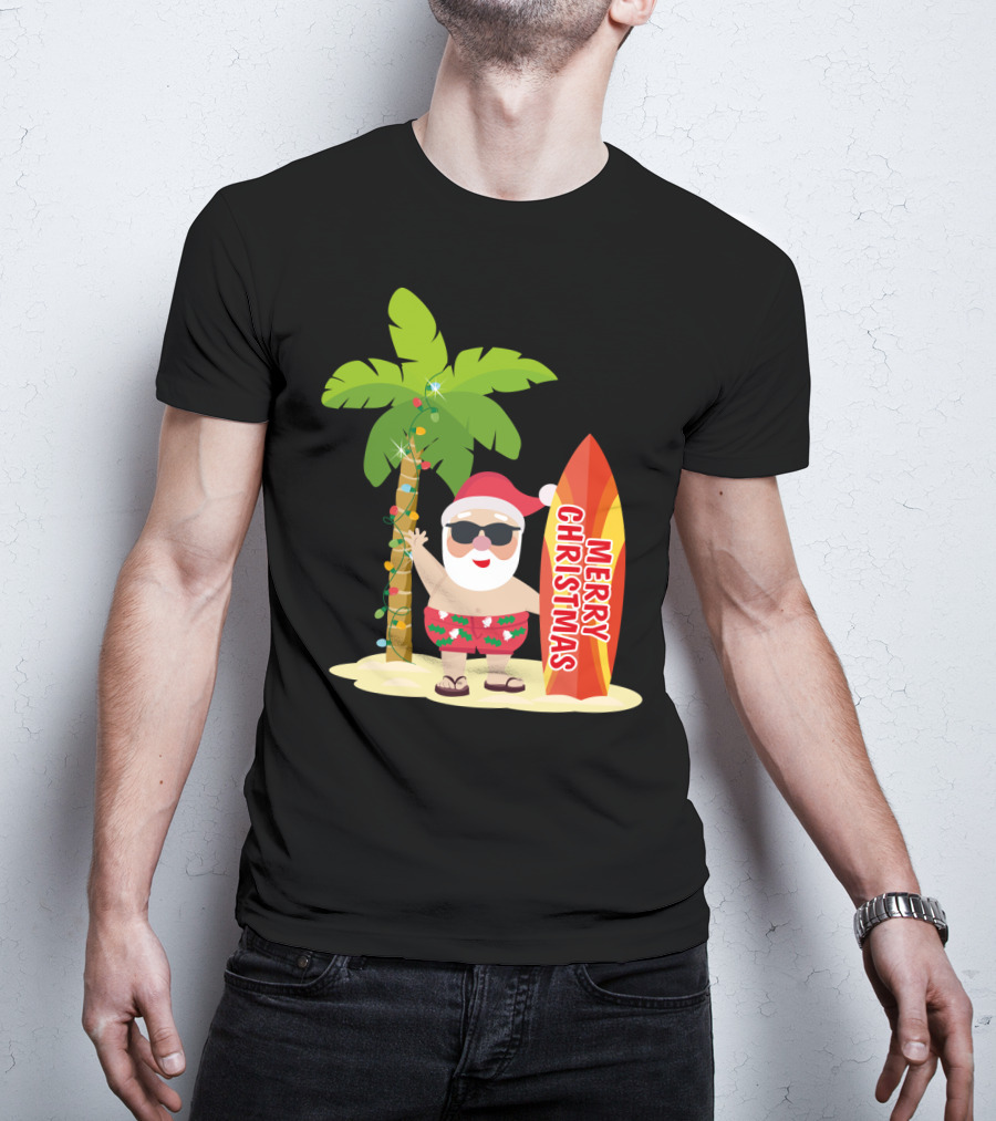 Merry Christmas Hawaiian Funny Ugly Cute Surfing Santa Holiday T-Shirt