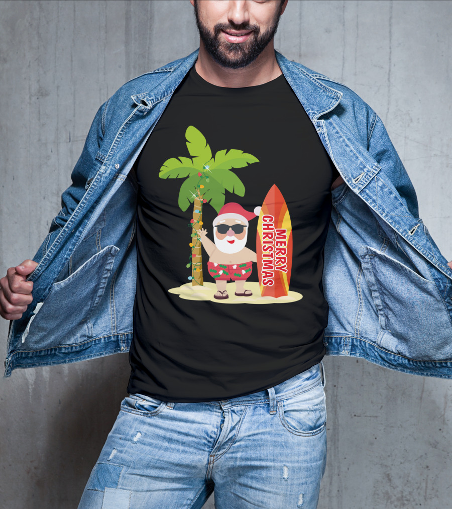 Merry Christmas Hawaiian Funny Ugly Cute Surfing Santa Holiday T-Shirt