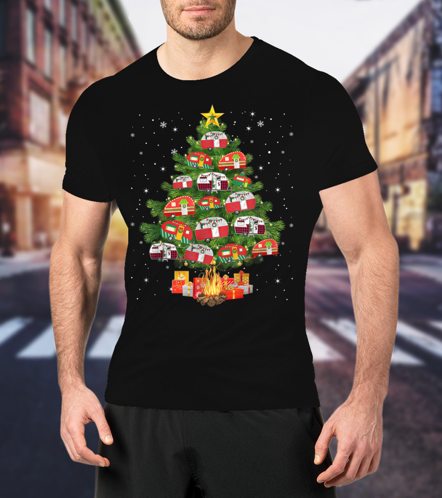 Camping Vehicle Christmas Tree Festive Campers With Star And Gifts T-Shirt