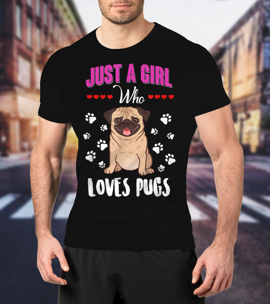 Just A Girl Who Loves Pugs With Paw Prints And Hearts T-Shirt