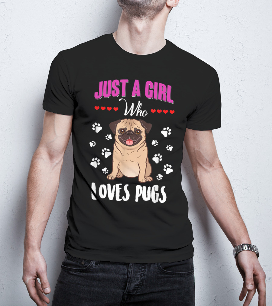 Just A Girl Who Loves Pugs With Paw Prints And Hearts T-Shirt