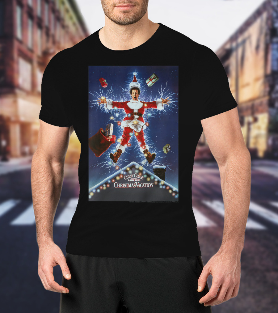 Chevy Chase Kids National Lampoon's Christmas Vacation Santa With Presents And Lights Explosion T-Shirt