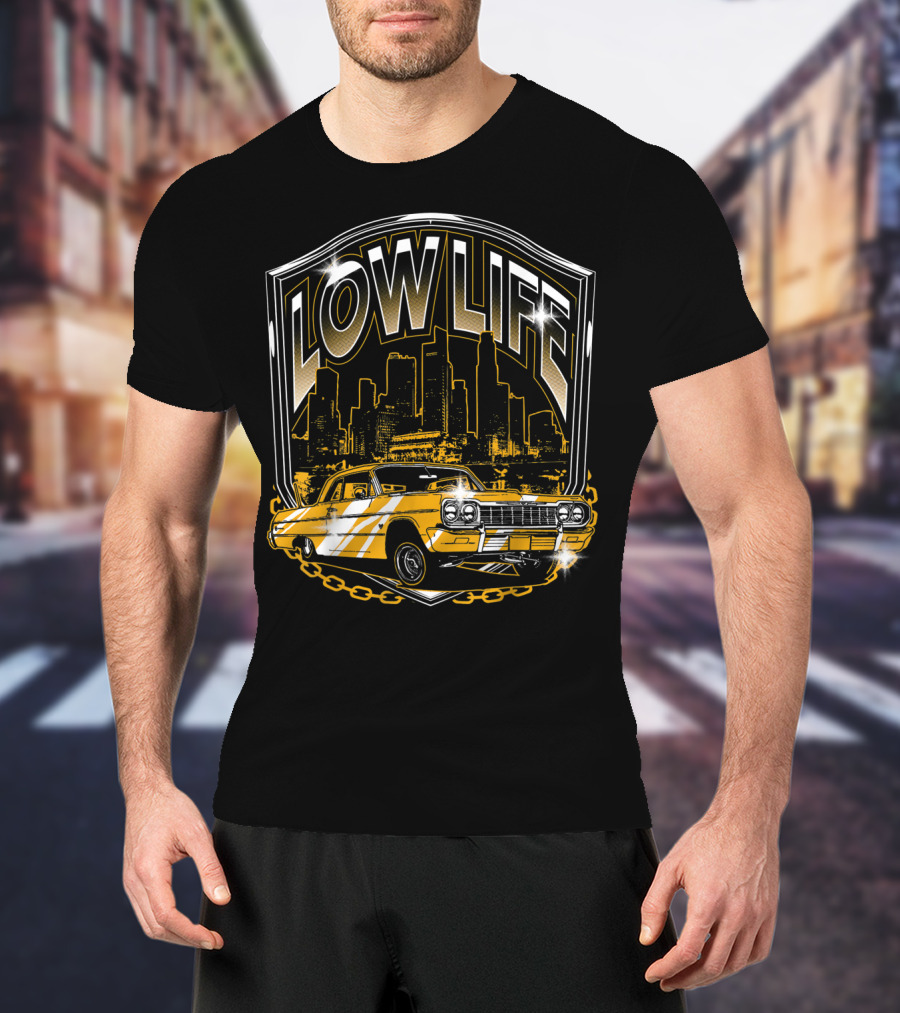 Lowrider Classic Car Low Life Skyline Scene T-Shirt