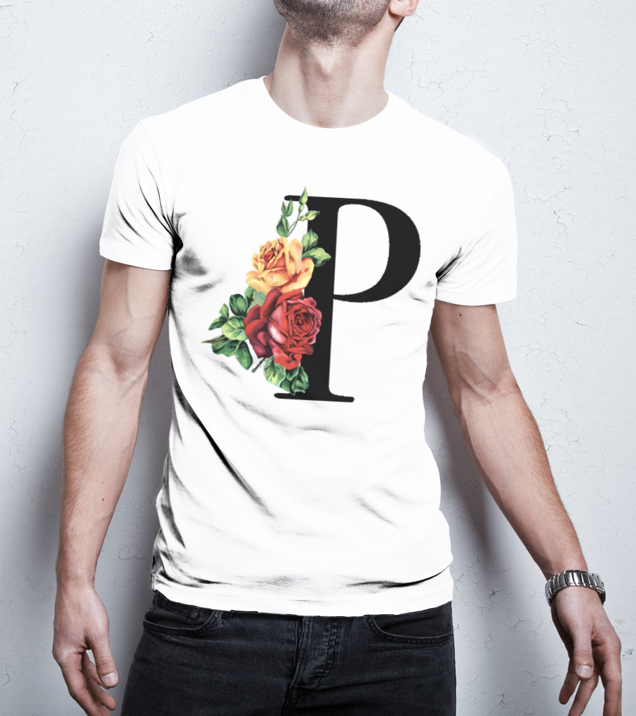 Initial Rose Floral Monogram Letter P With Red And Yellow Roses T-Shirt