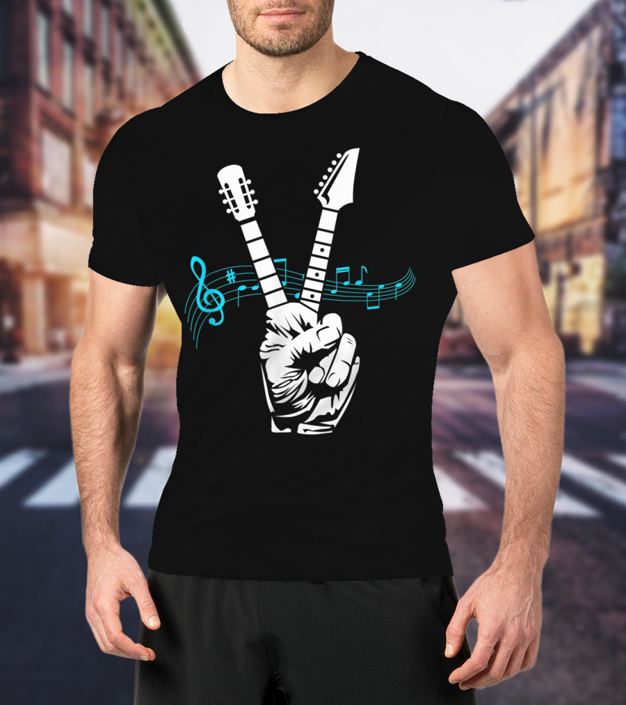 Peace Sign Guitar Neck Fingers And Musical Notes T-Shirt