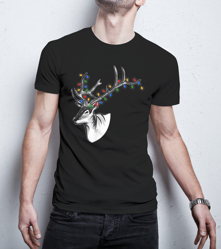 Reindeer With Colorful Christmas Lights On Antlers Funny Animal T-Shirt