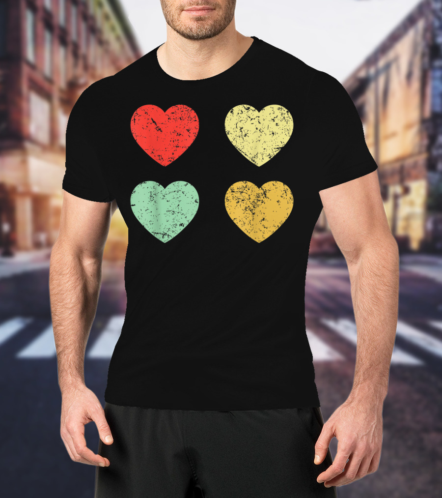 Retro Vintage Hearts Valentines Day Four Colorful Grunge Hearts T-Shirt