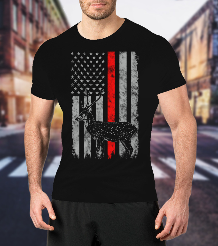 Thin Red Line Axis Deer American Flag T-Shirt