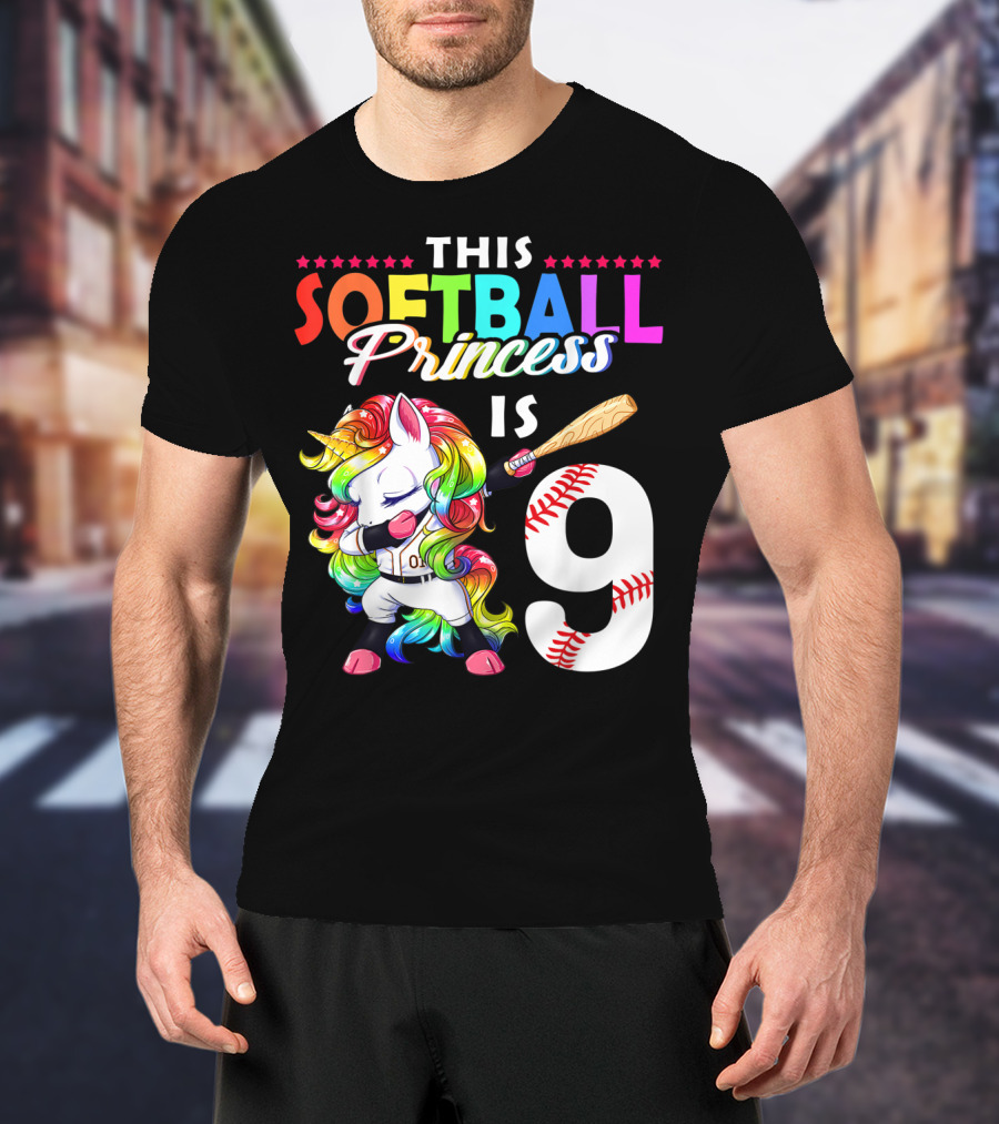 This Softball Princess Is 9 Unicorn Birthday Rainbow Bat T-Shirt