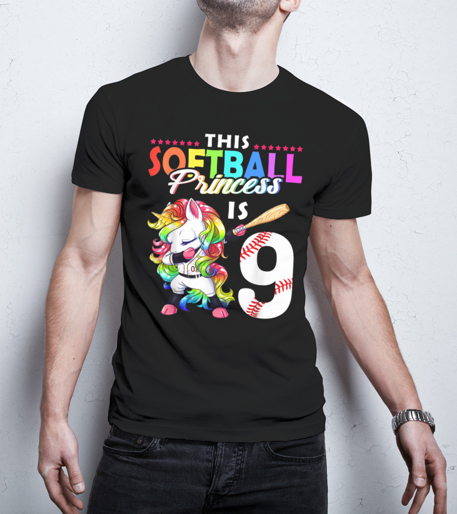 This Softball Princess Is 9 Unicorn Birthday Rainbow Bat T-Shirt