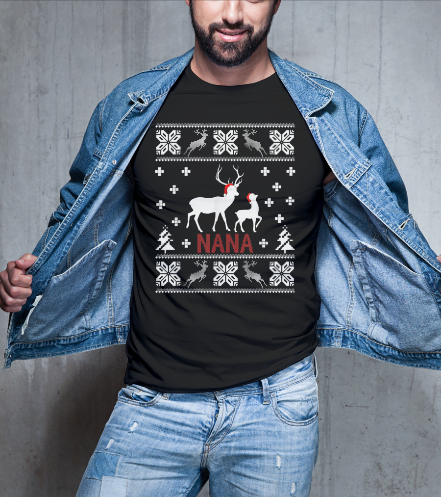 Ugly Christmas Nana Santa Reindeer Pattern Snowflakes Trees T-Shirt