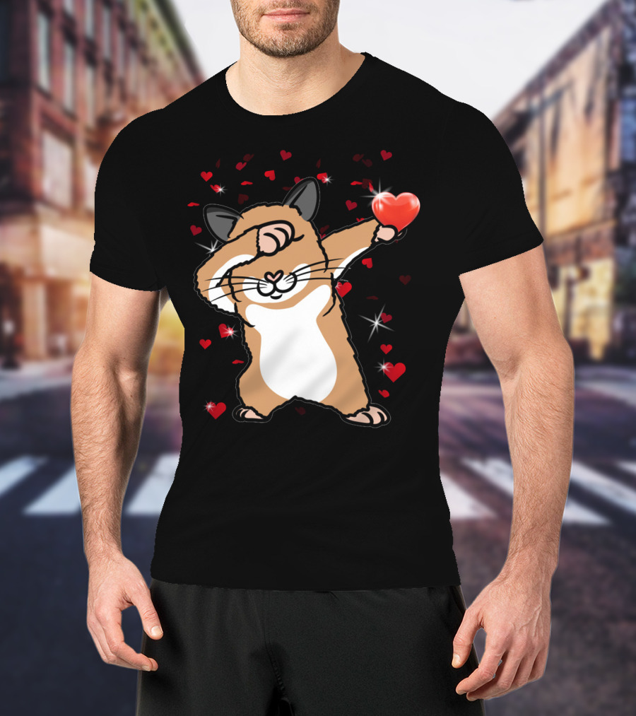 Valentine Girls Cute Dabbing Hamster With Heart And Sparkling Red Hearts T-Shirt