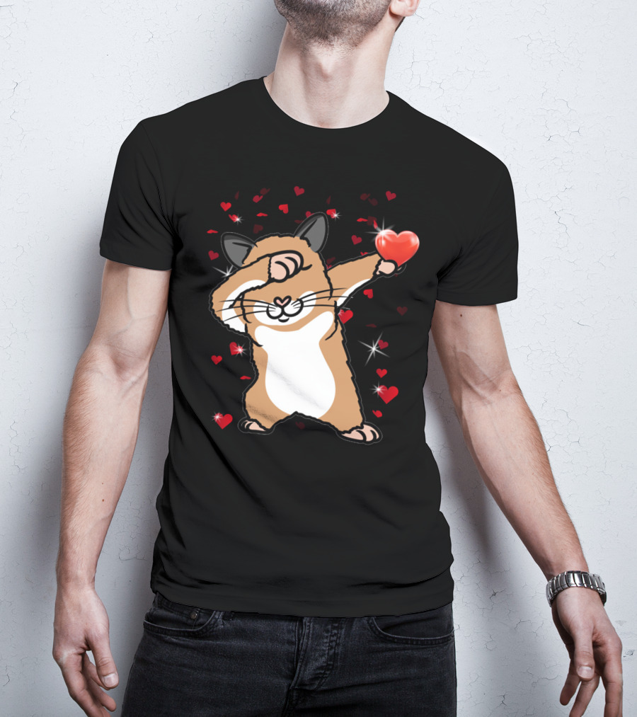Valentine Girls Cute Dabbing Hamster With Heart And Sparkling Red Hearts T-Shirt