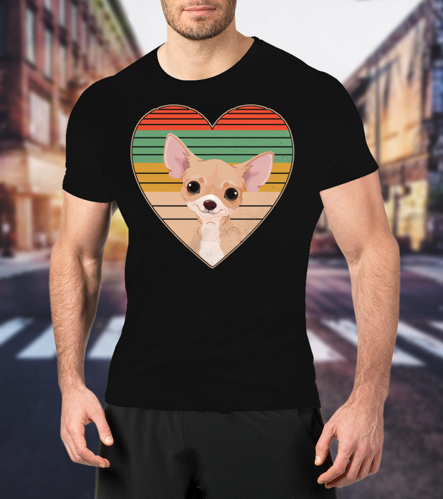 Vintage Chihuahua Heart Striped Retro Heart-Shaped T-Shirt