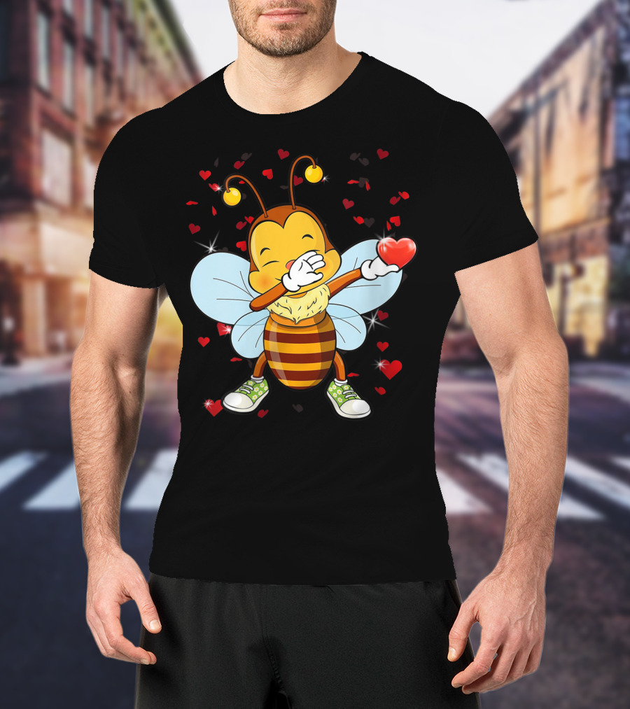 Valentine Bee Dabbing Holding Heart Surrounded By Hearts And Stars T-Shirt
