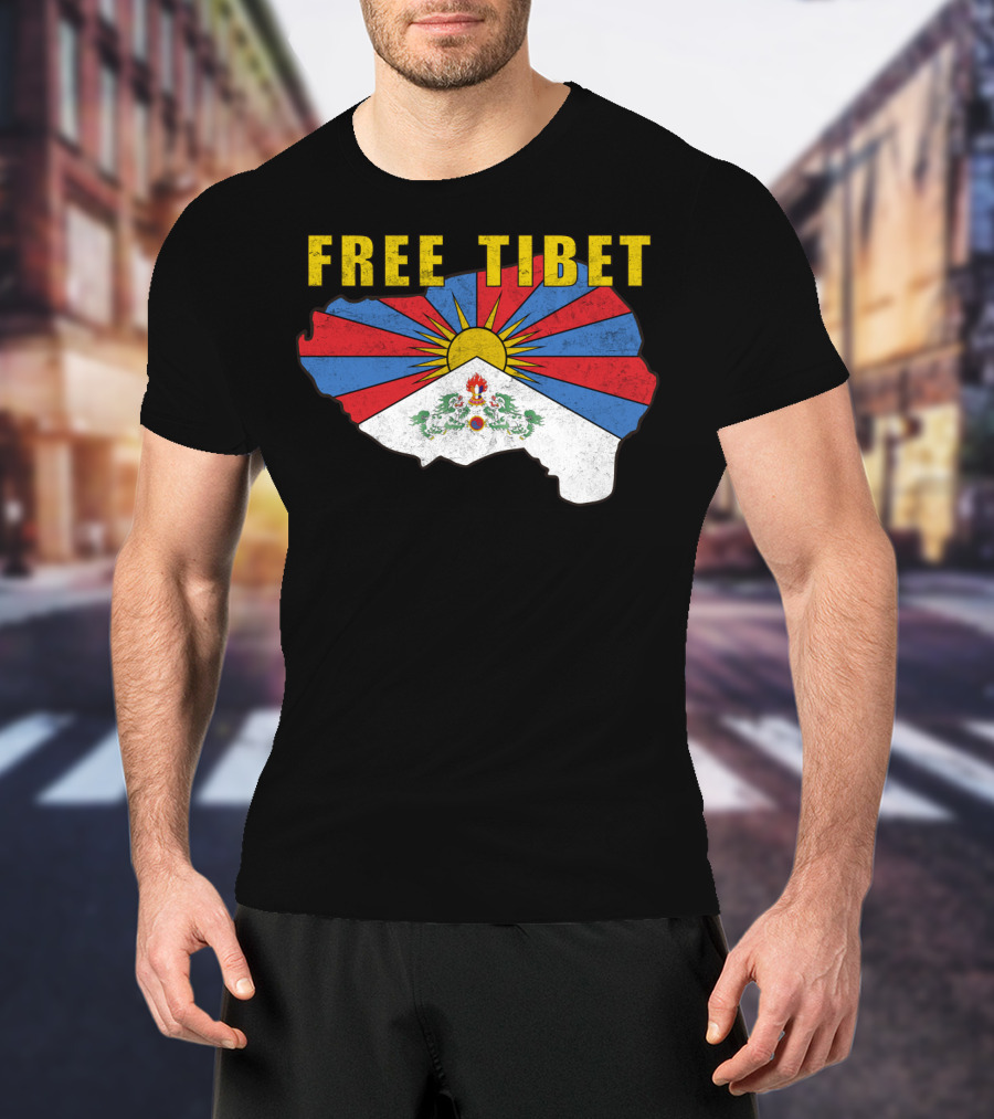 Free Tibet Flag With Sunrise Symbol Map T-Shirt
