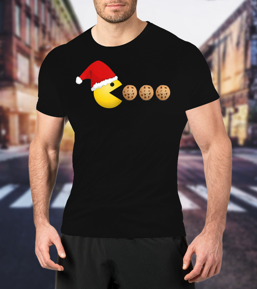 Funny Christmas Santa Pac-Man Cookies Classic Video Game T-Shirt