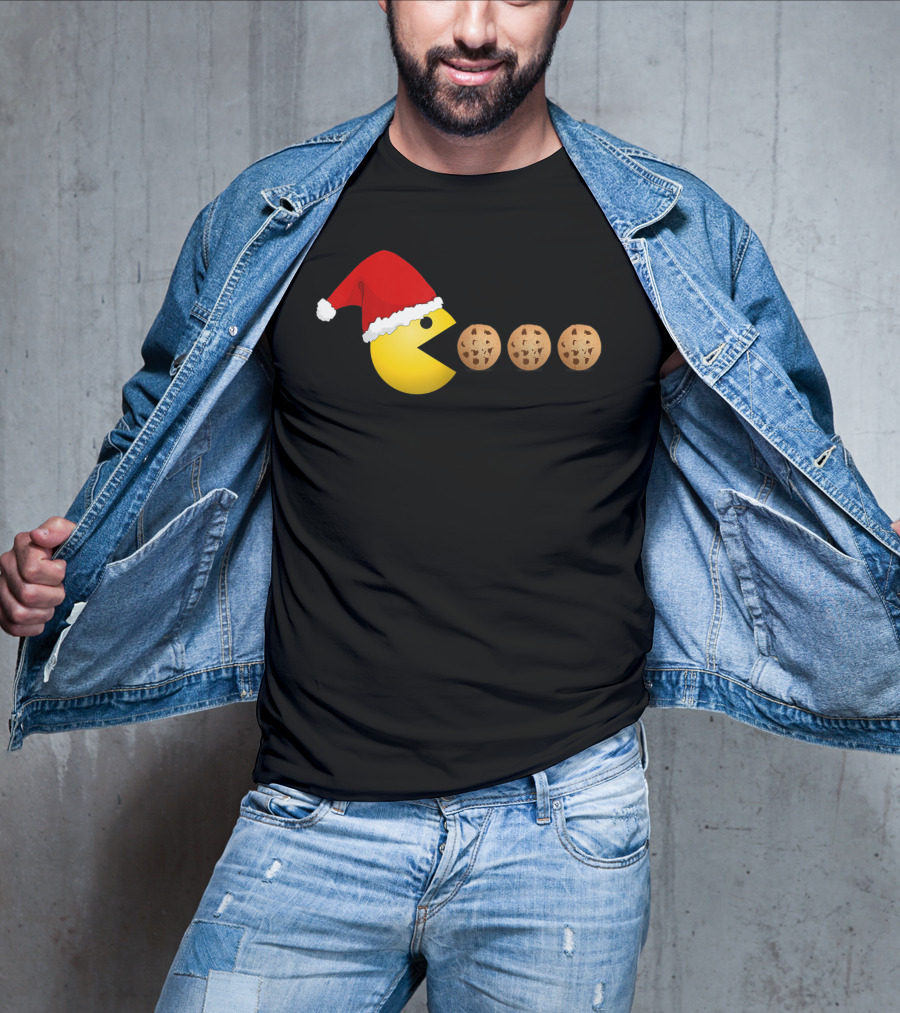 Funny Christmas Santa Pac-Man Cookies Classic Video Game T-Shirt