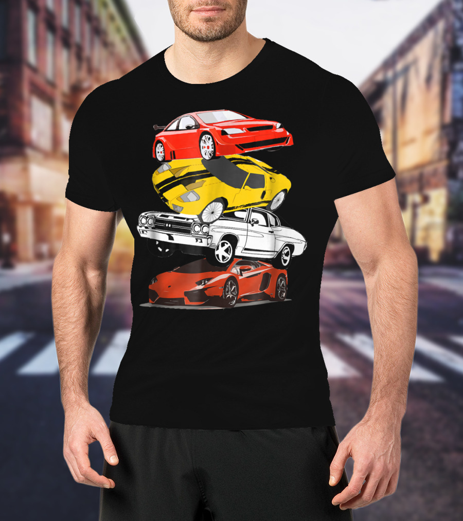 Funny Classic Cars Stacked Red Yellow Black White Racing Cars T-Shirt