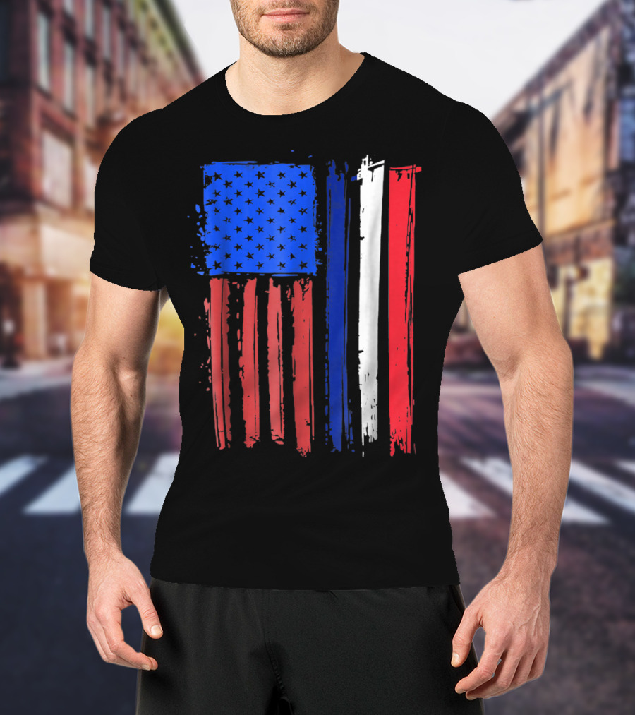 Half French American Flag Classic Patriot Stars And Stripes Paint T-Shirt