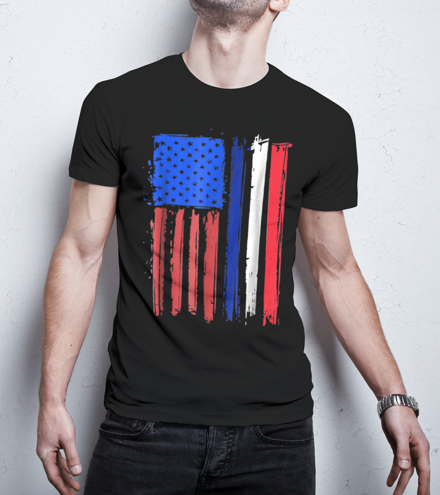 Half French American Flag Classic Patriot Stars And Stripes Paint T-Shirt