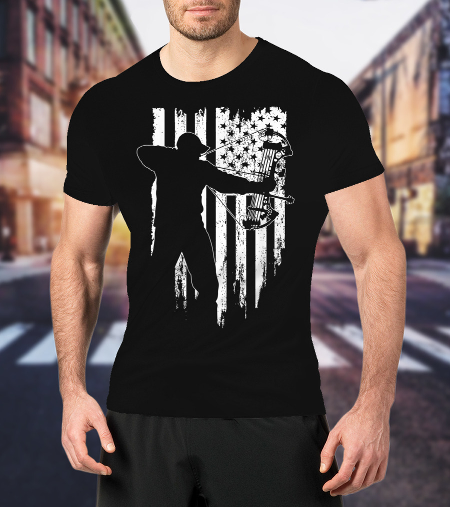 American Patriotic Archer Silhouette With Compound Bow And Flag T-Shirt