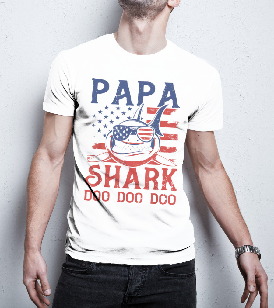 Papa Shark Doo Doo Doo American Flag Sunglasses T-Shirt