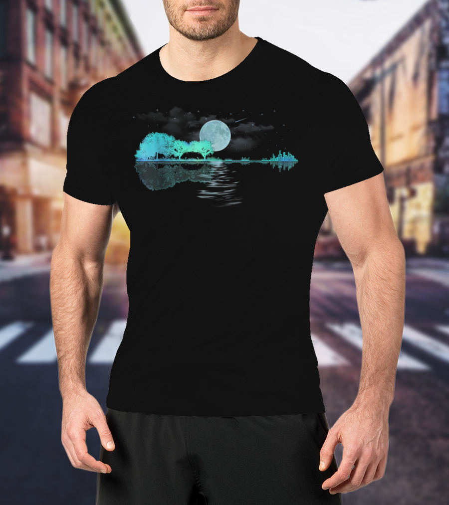 Acoustic Guitar Player Birthday Moonlit Lake Scene T-Shirt