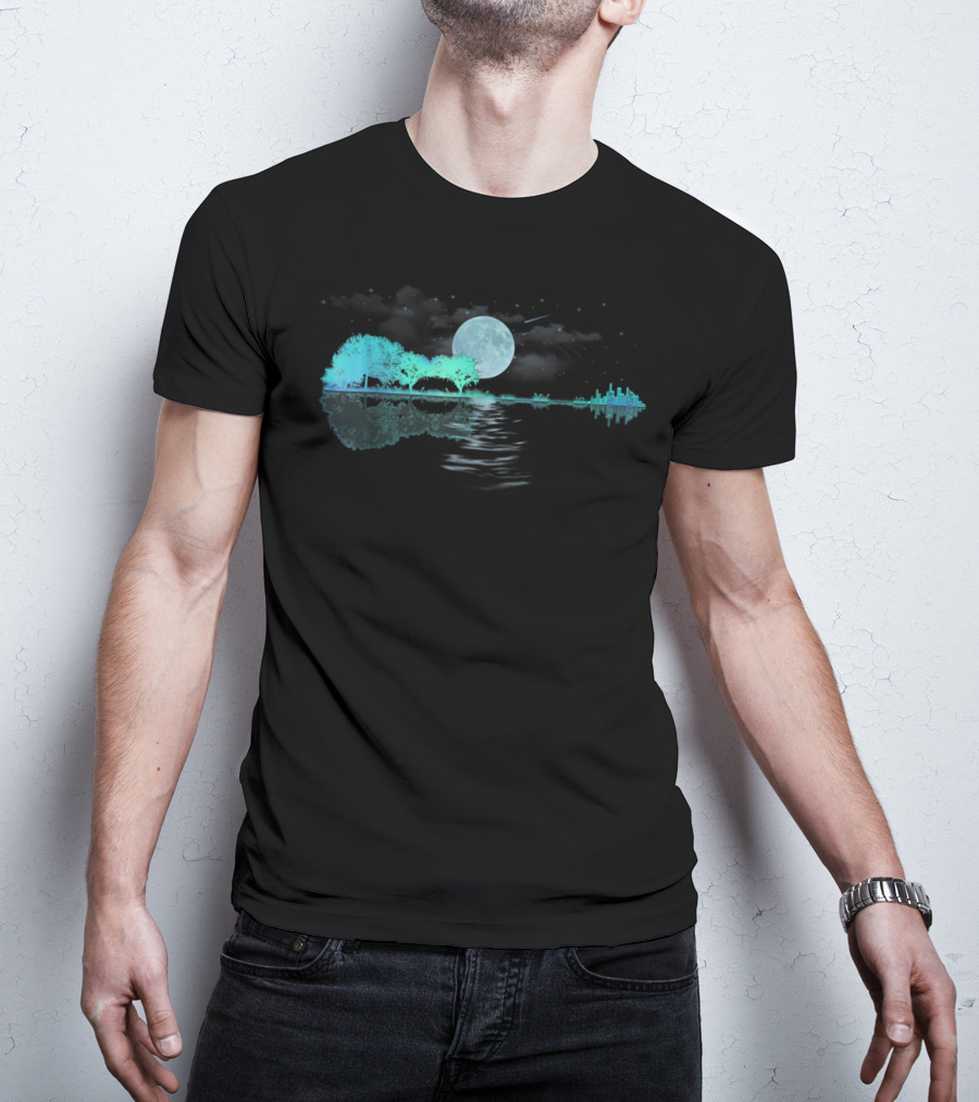 Acoustic Guitar Player Birthday Moonlit Lake Scene T-Shirt