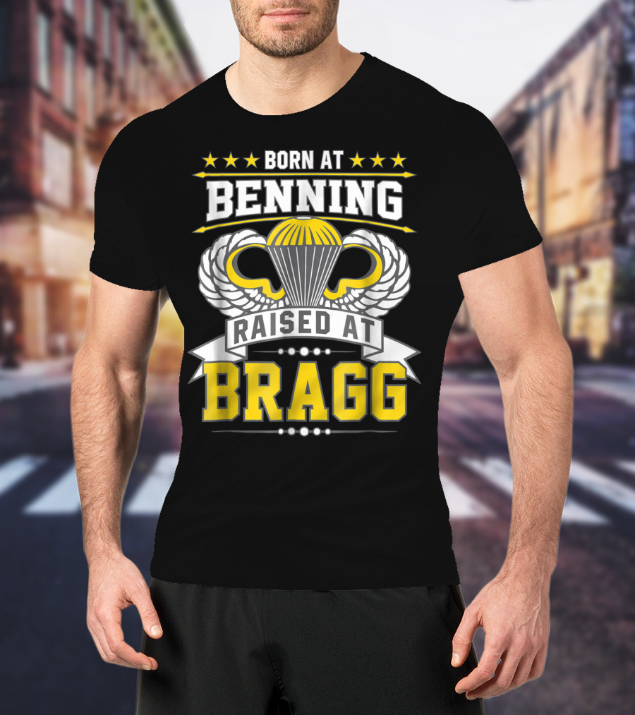 Born At Benning Raised At Bragg Airborne Paratrooper Wings T-Shirt