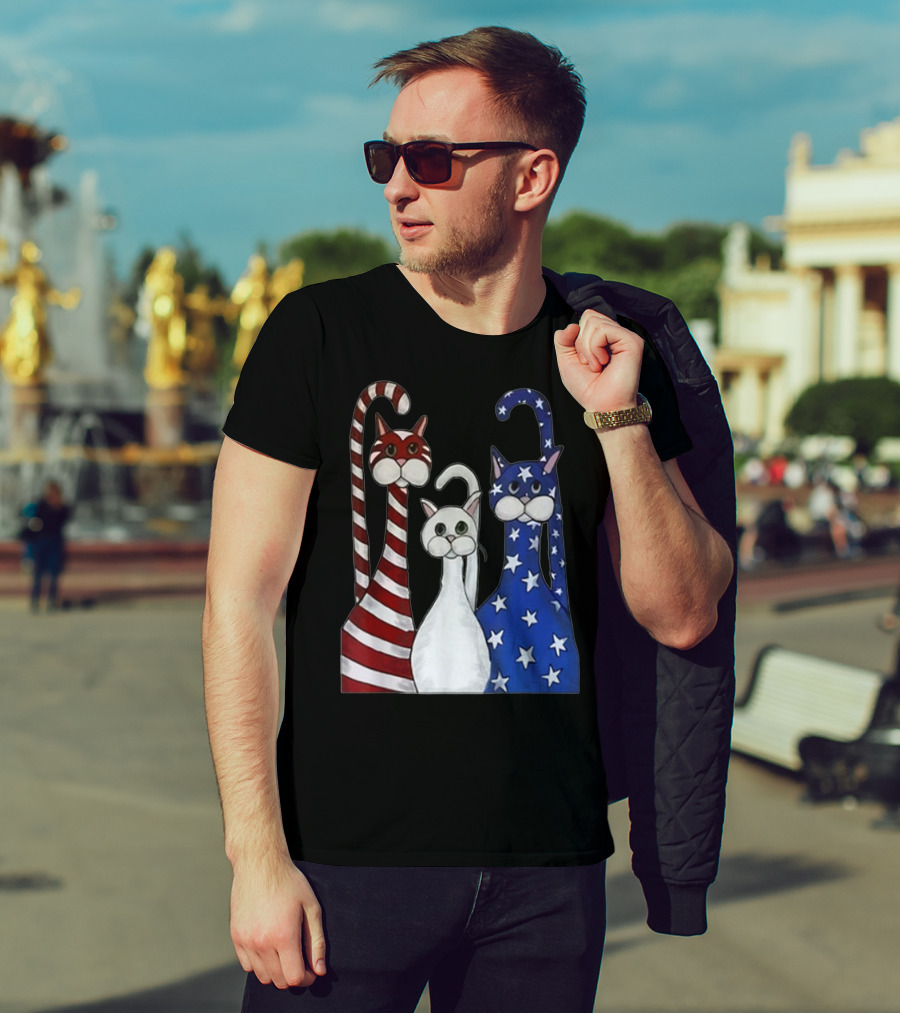 Cat American Flag USA Paws Patriotic Red White Blue Stars Stripes T-Shirt