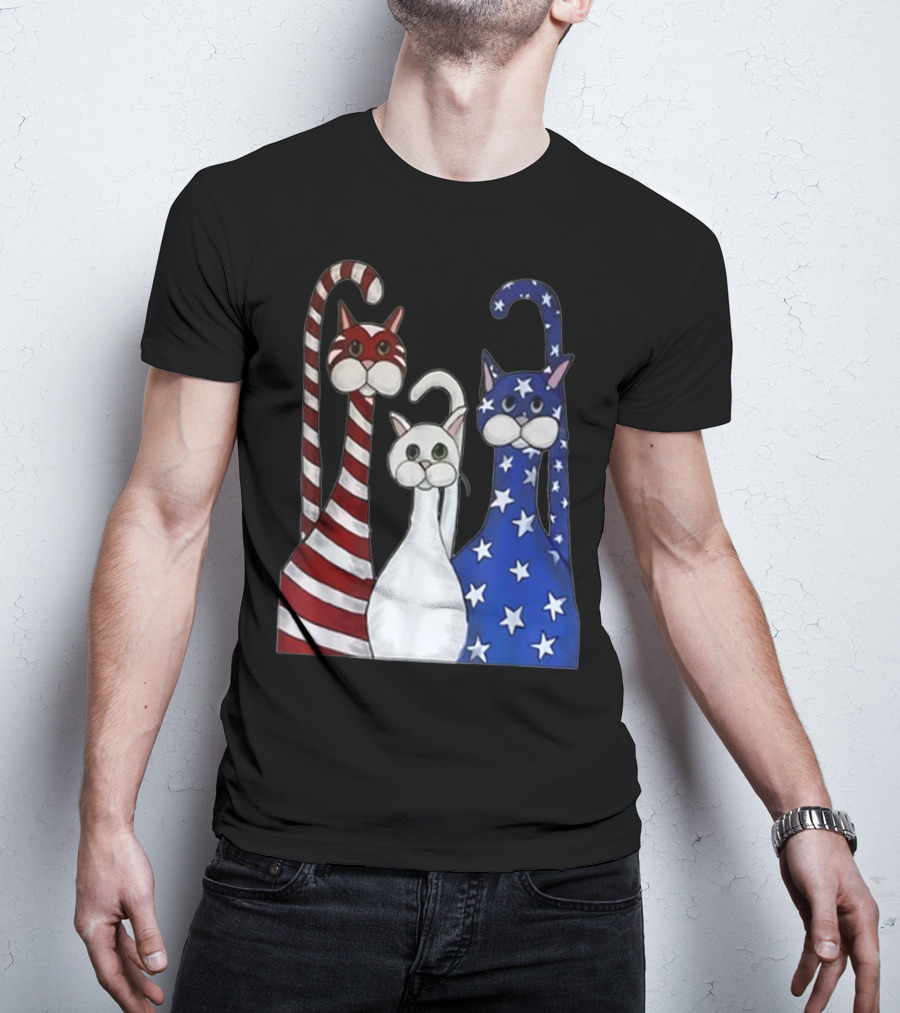 Cat American Flag USA Paws Patriotic Red White Blue Stars Stripes T-Shirt