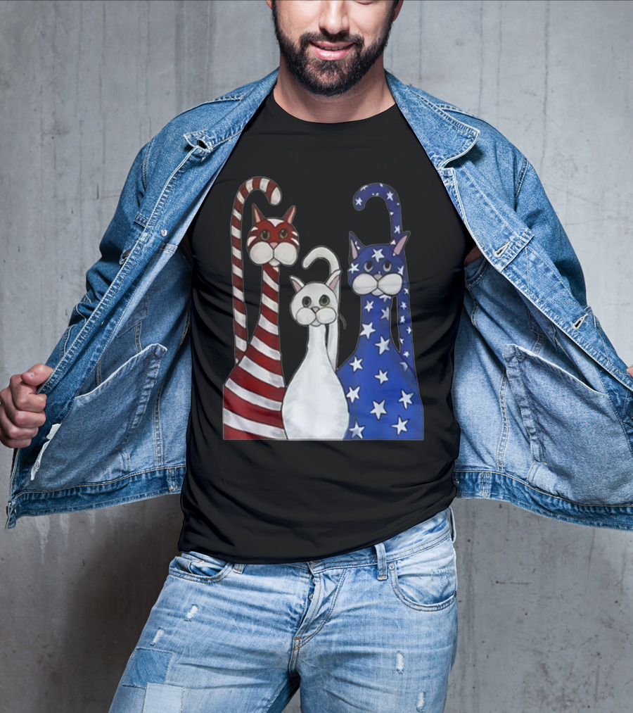 Cat American Flag USA Paws Patriotic Red White Blue Stars Stripes T-Shirt
