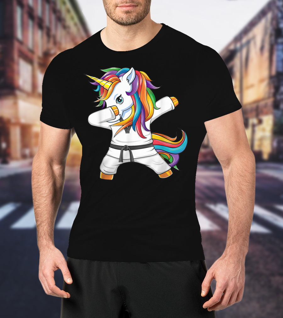 Dabbing Unicorn Karate Taekwondo Kids Girl Rainbow Martial Arts T-Shirt
