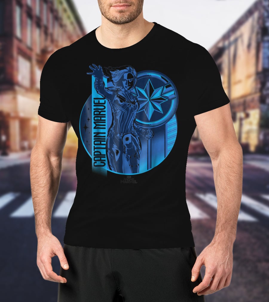 Captain Marvel Reflective Blue Circle Starburst Emblem T-Shirt