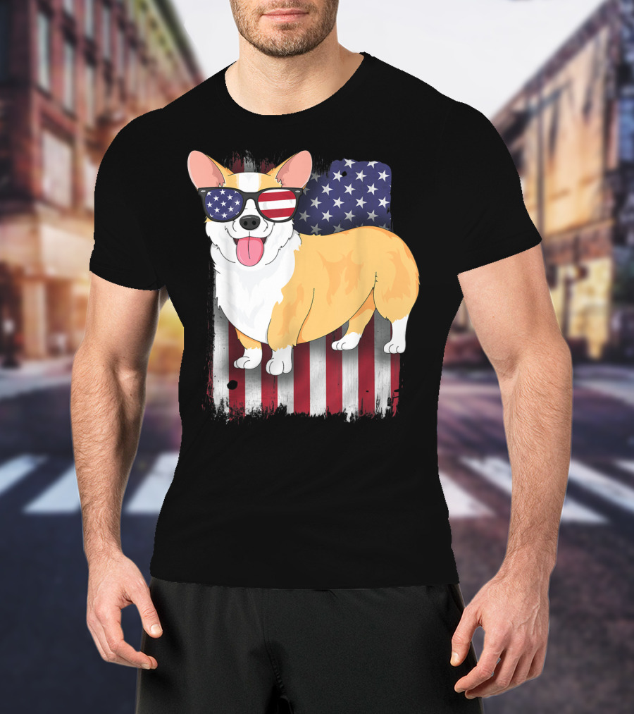 Corgi With Sunglasses American Flag Background T-Shirt