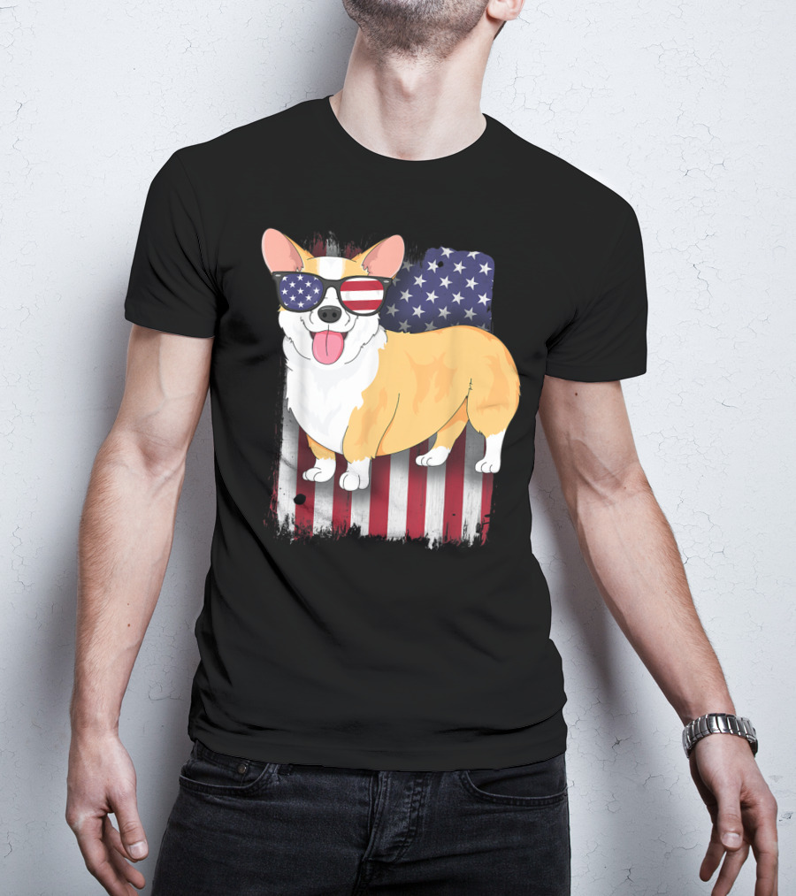 Corgi With Sunglasses American Flag Background T-Shirt