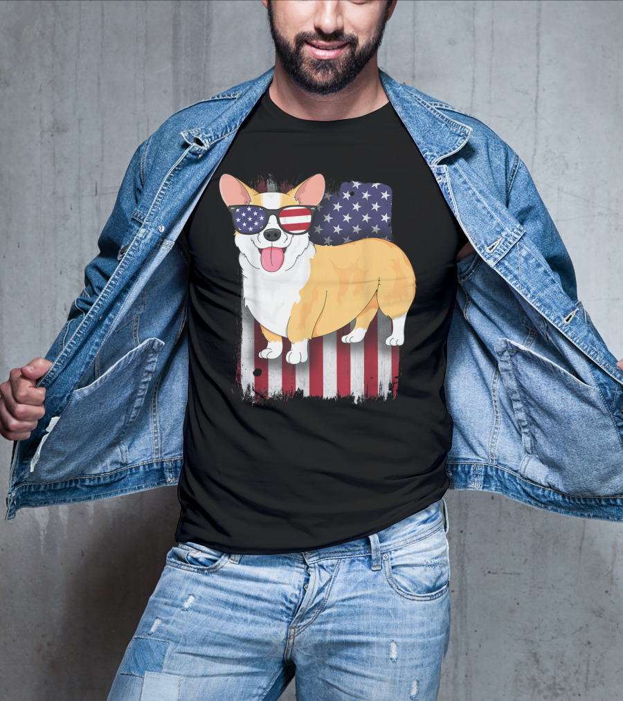 Corgi With Sunglasses American Flag Background T-Shirt