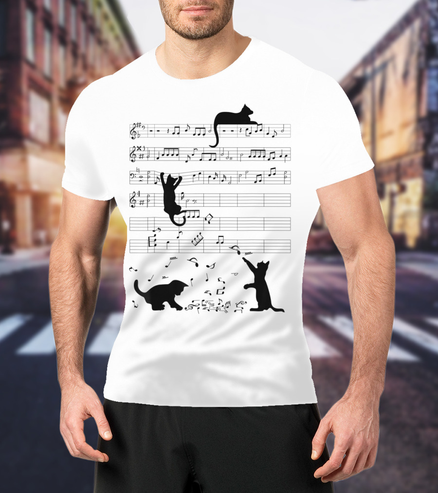 Cute Cat Kitty Climbing And Sitting With Music Notes And Clef T-Shirt