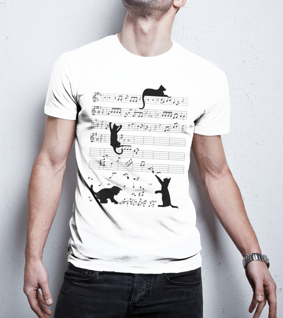 Cute Cat Kitty Climbing And Sitting With Music Notes And Clef T-Shirt