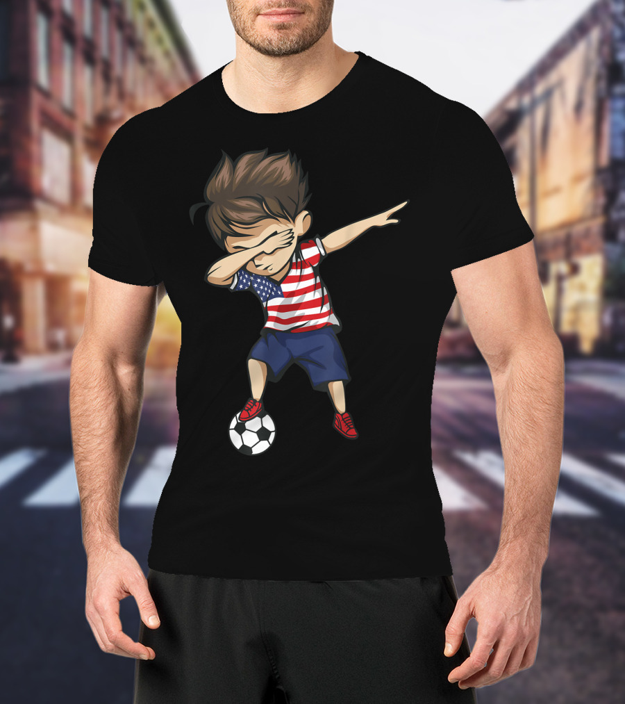 Dabbing Soccer Boy In American Flag Jersey With Soccer Ball T-Shirt
