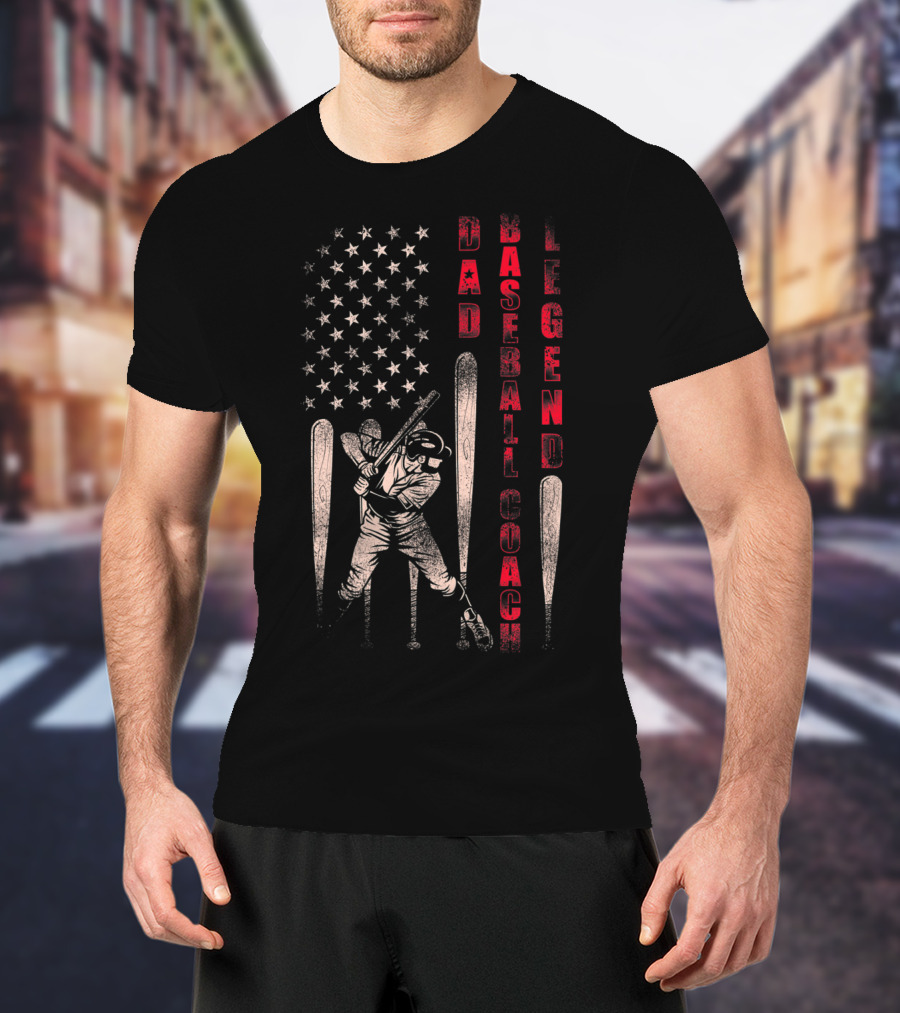 Dad Baseball Coach Legend American Flag Patriotic Batter T-Shirt